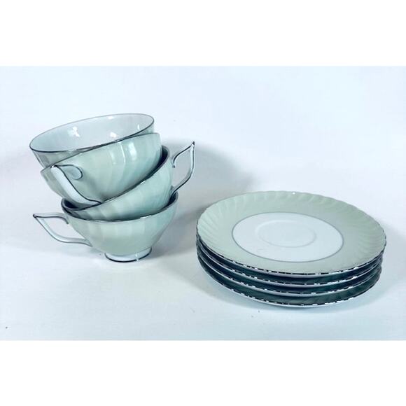 Royal Tettau South Wind Grey Green 4 Cups & Saucers Set Border Swirled w/ Trim - Picture 1 of 16